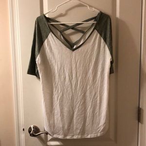 Army green and white baseball like tee